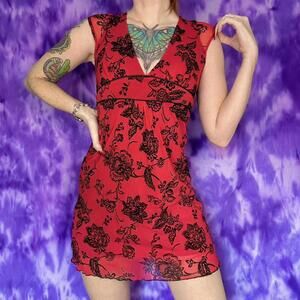 Jane Norman y2k Red and black floral mini dress with tie back